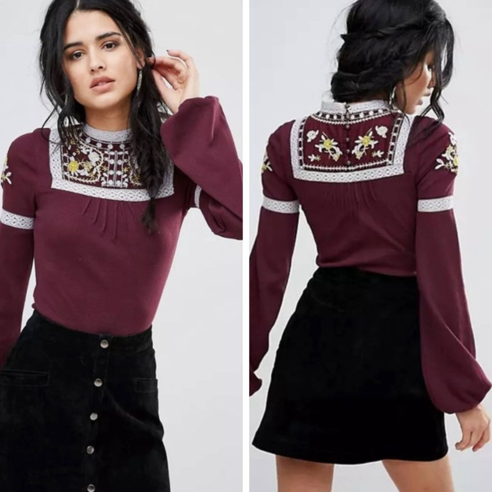 Free People Cozy on Up embroidered peasant top berry wine red purple women large - Picture 2 of 9
